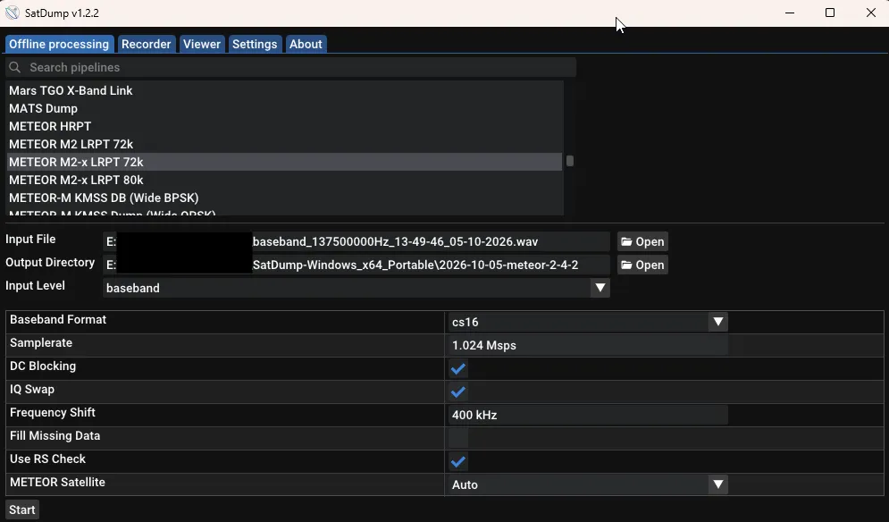 SatDumpのデコード設定画面